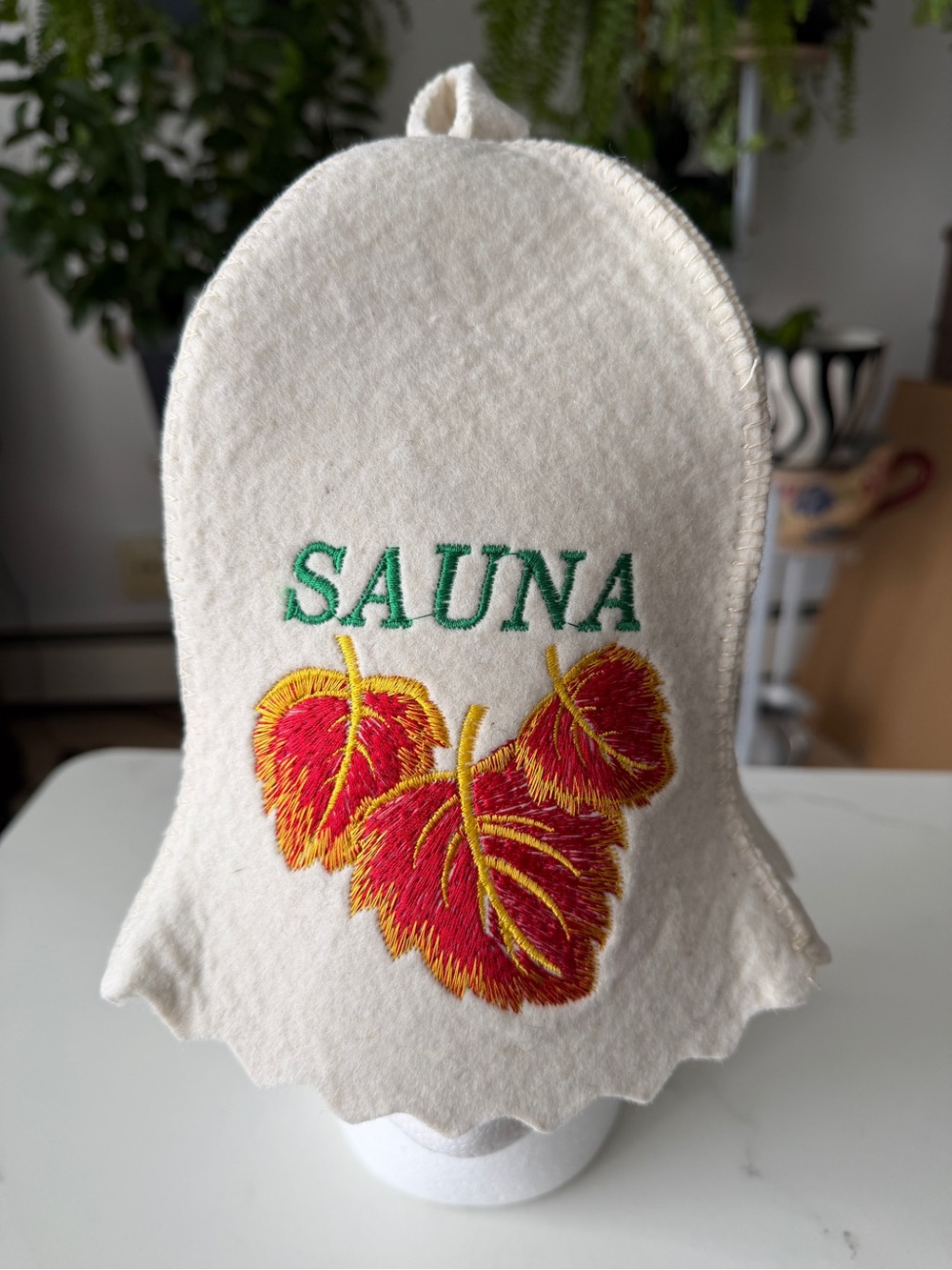 White Felt Sauna Hat with Red Leaf Embroidery